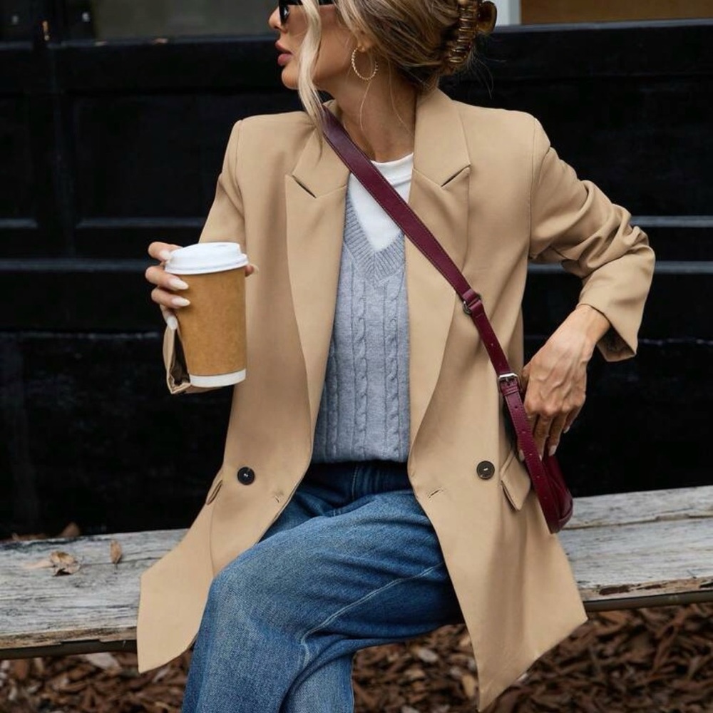Modichic Beige Double Breasted Blazer Oversized Chic Fall Coat - Picture 6 of 6